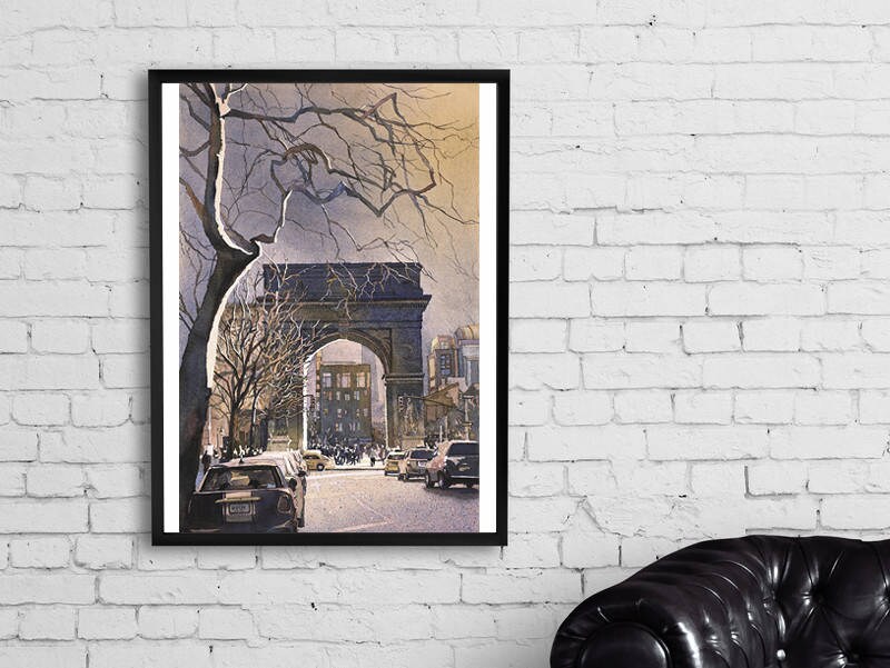 Watercolor painting of the Washington Square Arch at dusk, with soft pastel skies and urban details—ideal NYC art print for home decor.