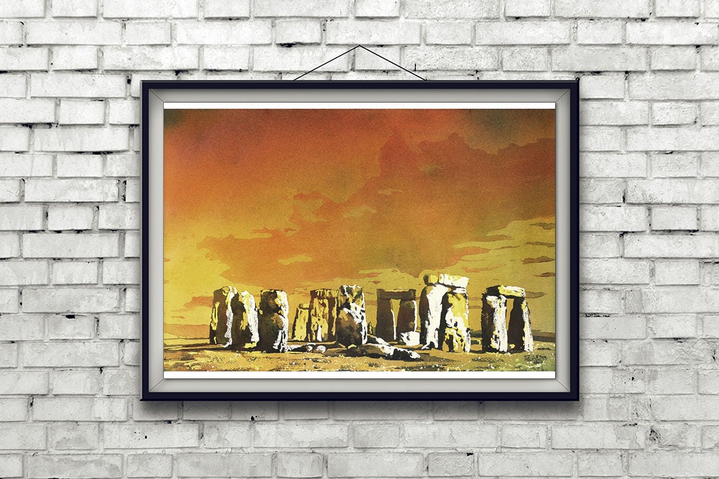 Acuarela de Stonehenge al atardecer en el Reino Unido, impresión de arte de pintura de Stonehenge, bellas artes de Stonhenge, ruinas de pintura giclee de acuarela de Stonehenge Reino Unido