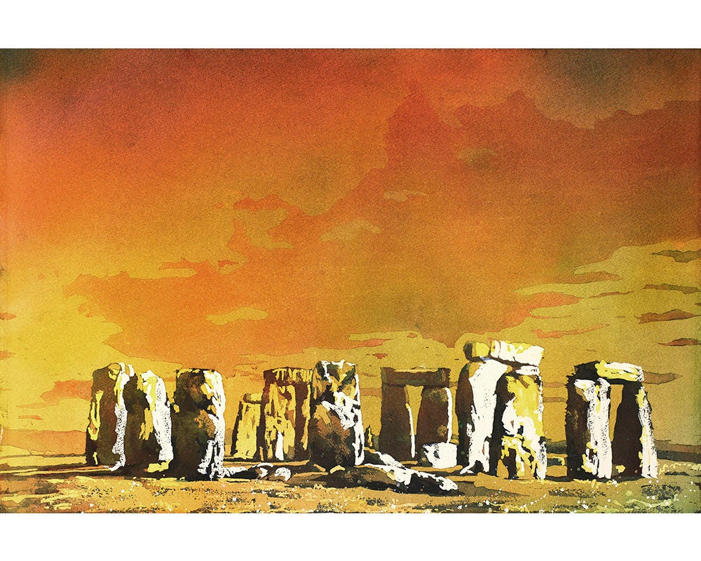 Acuarela de Stonehenge al atardecer en el Reino Unido, impresión de arte de pintura de Stonehenge, bellas artes de Stonhenge, ruinas de pintura giclee de acuarela de Stonehenge Reino Unido