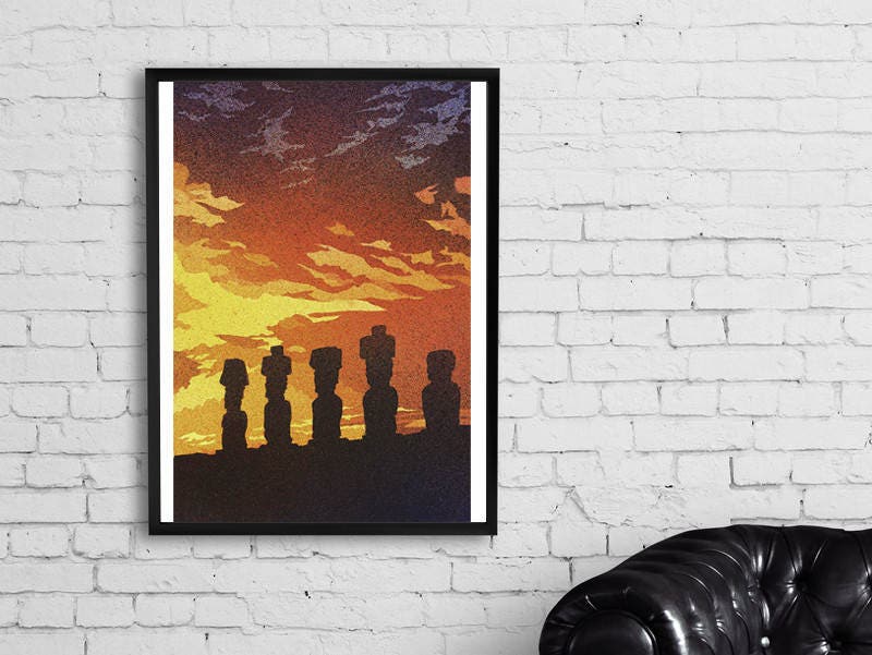 Fine art watercolor of ruined Moai statues at Ahu Tongariki glowing under a radiant sunrise sky—perfect for cultural wall art and global interior design.