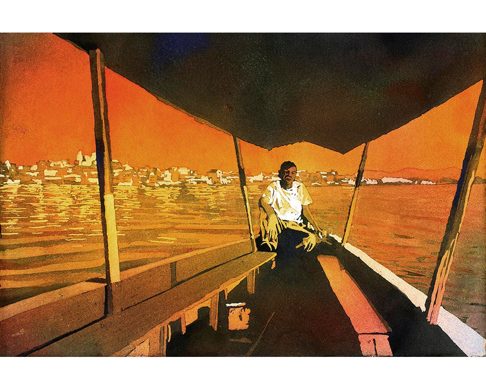 Barquero en el Lago San Andrés Flores en Guatemala Lago pintura Guatemala arte acuarela pintura barco bellas artes acuarela paisaje (impresión)