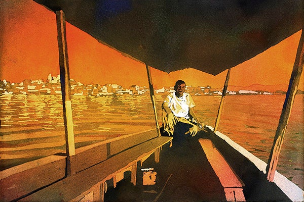 Barquero en el Lago San Andrés Flores en Guatemala Lago pintura Guatemala arte acuarela pintura barco bellas artes acuarela paisaje (impresión)