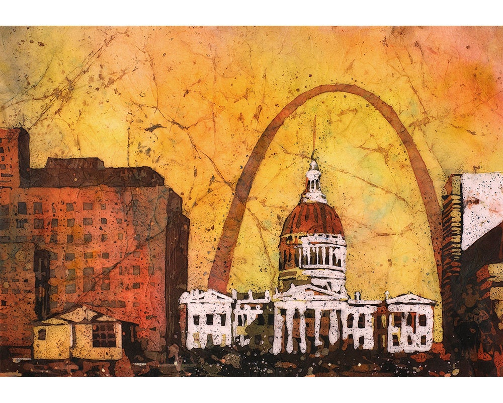 St. Louis al anochecer- Missouri (EE.UU.), pintura batik Pintura de arte del Palacio de Justicia de St. Louis, impresión de arte paisajístico de acuarela Arte del arco de St. Louis