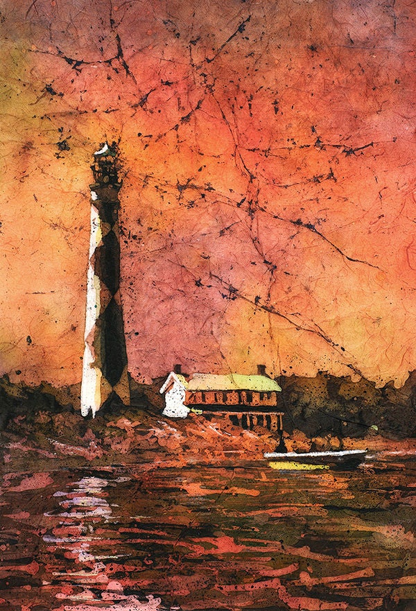 Lighthouse painting- Outer Banks, North Carolina. Batik painting Cape Lookout lighthouse art watercolor painting lighthouse batik art red (print)