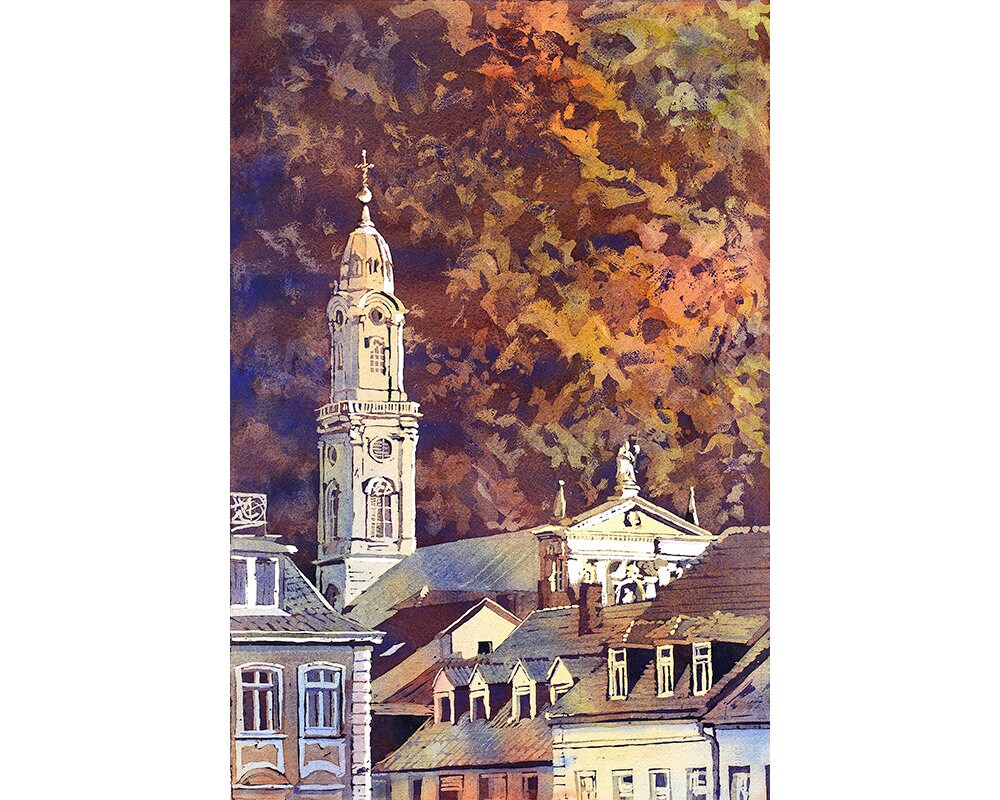 Pintura en acuarela de la Iglesia del Espíritu Santo en Heidelberg, Alemania arte mural Heidelberg arte impresión acuarela paisaje pintura Heidelberg