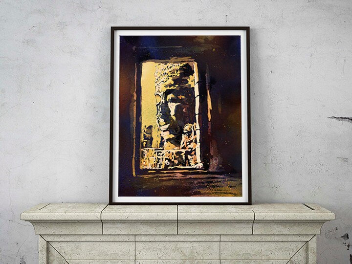 Scenic watercolor of Angkor Wat’s Bayon Temple with colorful landscape at dusk—ideal for world travelers and SE Asia-inspired interior design.