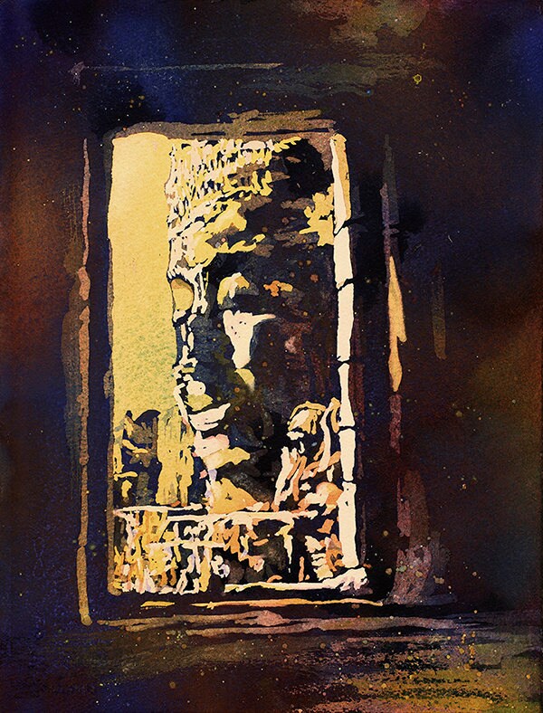 Hand-painted watercolor of Bayon Temple ruins at Angkor Wat, UNESCO World Heritage site, with bold sunset colors and detailed ancient stonework.
