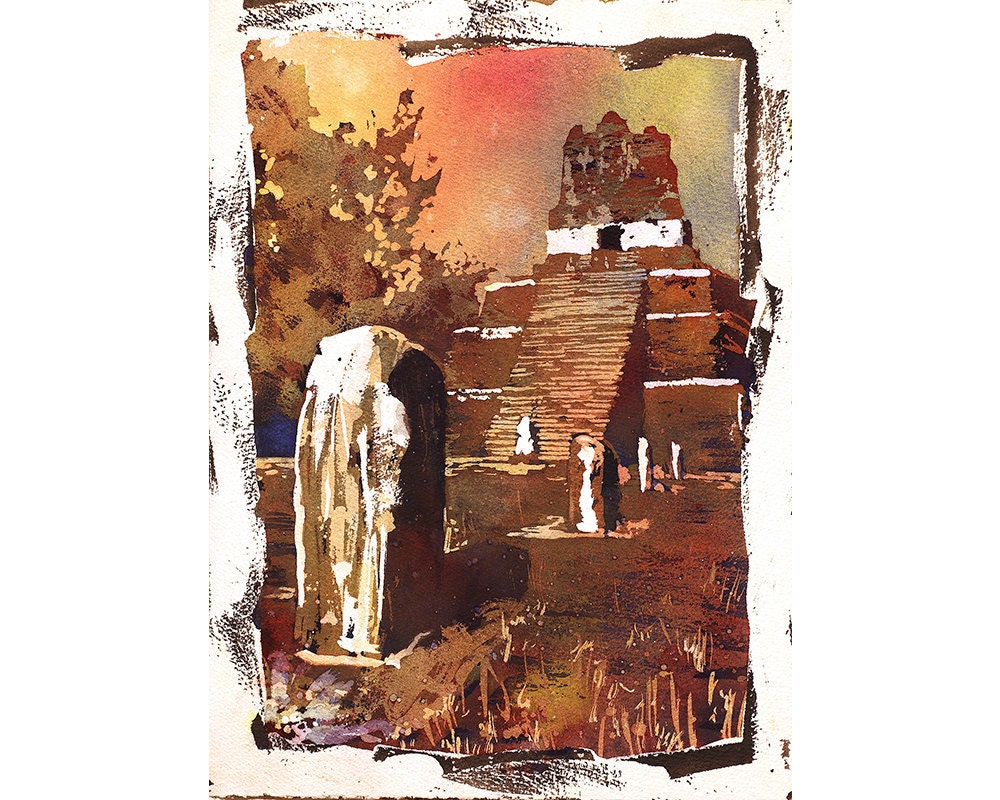 Mayan ruins of Tikal- Guatemala. Watercolor original painting fine art print Tikal ruin Guatemala Mayan ruins painting (original artwork)
