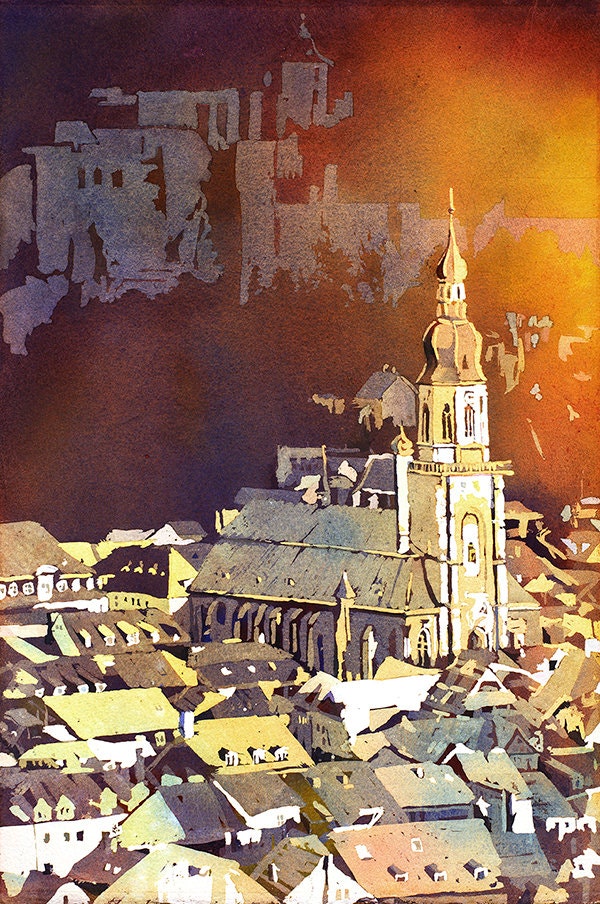 Heidelberg Alemania arte. Iglesia del Espíritu Santo del siglo XIII en la ciudad de Heidelberg, Alemania. Arte de pared Heidelberg arte colorido (impresión)