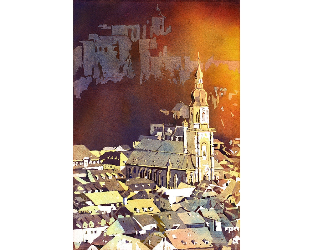 Heidelberg Alemania arte. Iglesia del Espíritu Santo del siglo XIII en la ciudad de Heidelberg, Alemania. Arte de pared Heidelberg arte colorido (impresión)