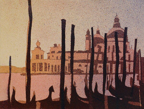 Hand-painted Venice wall art depicting gondolier and famous church in rich, colorful watercolor washes.