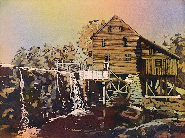 Yates Mill near Raleigh, North Carolina.  Watercolor painting Yates Mill wall art fine art print giclee Raleigh, NC watercolor painting