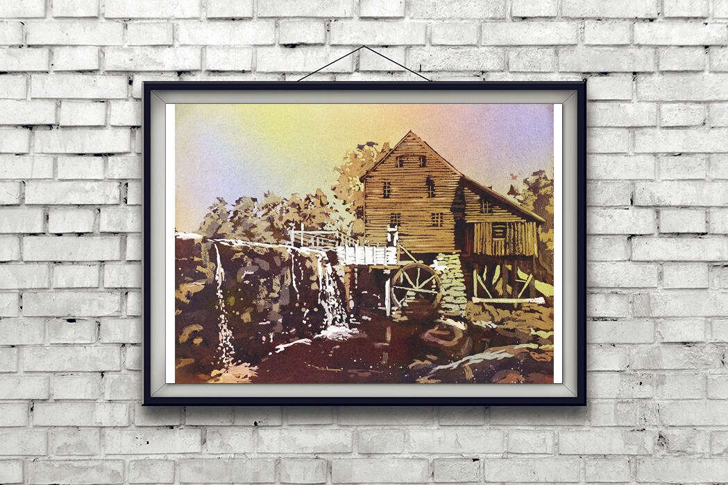 Yates Mill near Raleigh, North Carolina.  Watercolor painting Yates Mill wall art fine art print giclee Raleigh, NC watercolor painting