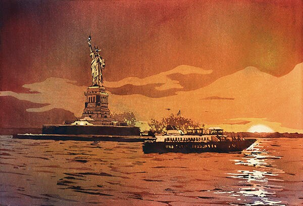 Statue of Liberty watercolor painting with glowing sunset hues—ideal NYC art print for travel-inspired interiors and gifts for him or her.