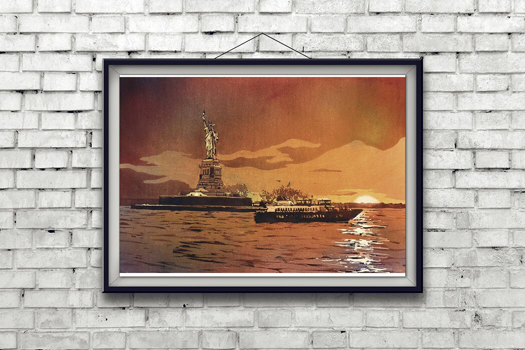 Fine art watercolor of the Statue of Liberty at sunset, capturing iconic New York landmarks and warm evening tones for stylish home wall decor.