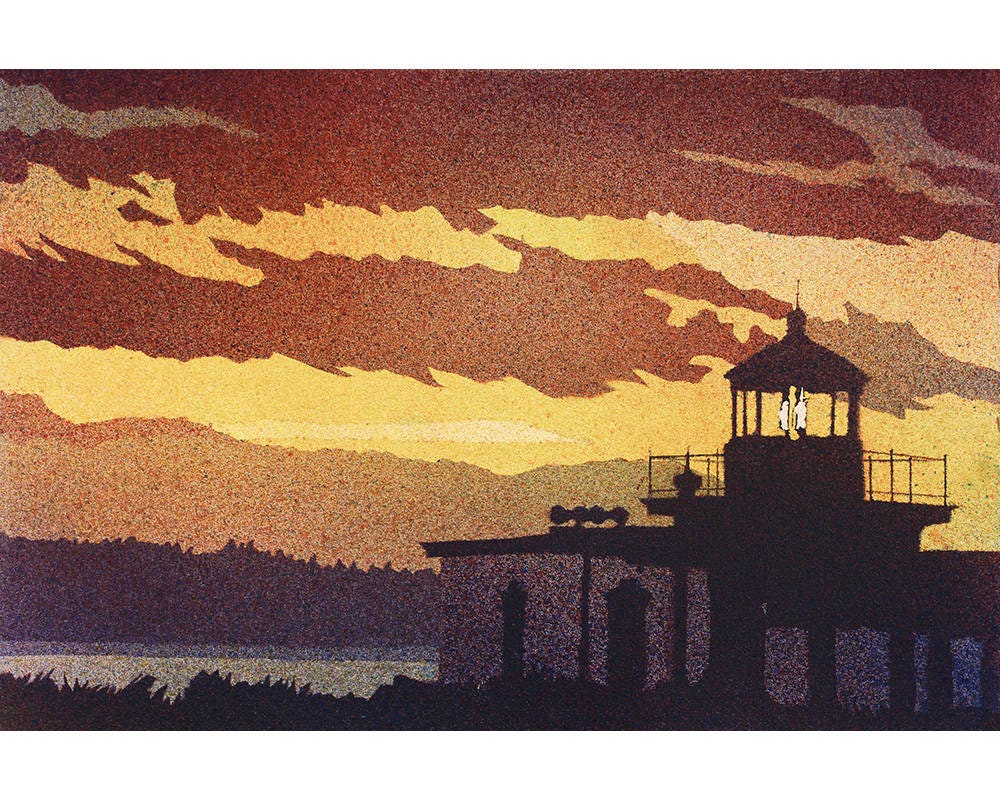 Faro (Faro de Discovery Park) Discovery Park al atardecer- Seattle, Washington. Faro arte acuarela pintura colorida puesta de sol (impresión)