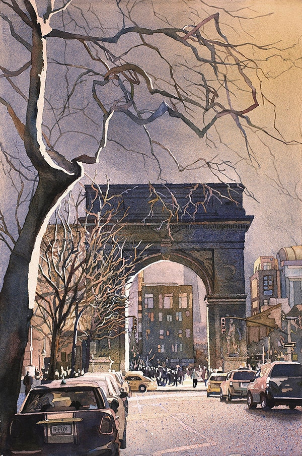 Softly lit watercolor painting of Washington Square Park at sunset featuring the iconic archway—ideal NYC gift for him or her.