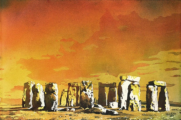Acuarela de Stonehenge al atardecer en el Reino Unido, impresión de arte de pintura de Stonehenge, bellas artes de Stonhenge, ruinas de pintura giclee de acuarela de Stonehenge Reino Unido