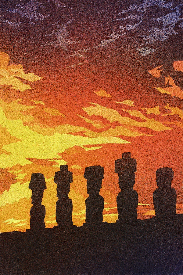 A serene watercolor landscape showing ancient Moai figures in silhouette during sunrise on Easter Island—great for art for home/office and travel decor themes.