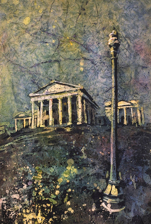 Edificio del Capitolio de Richmond, Virginia. Pintura batik acuarela del edificio del Capitolio de Richmond. Acuarela batik pintura Richmond horizonte arte (impresión)