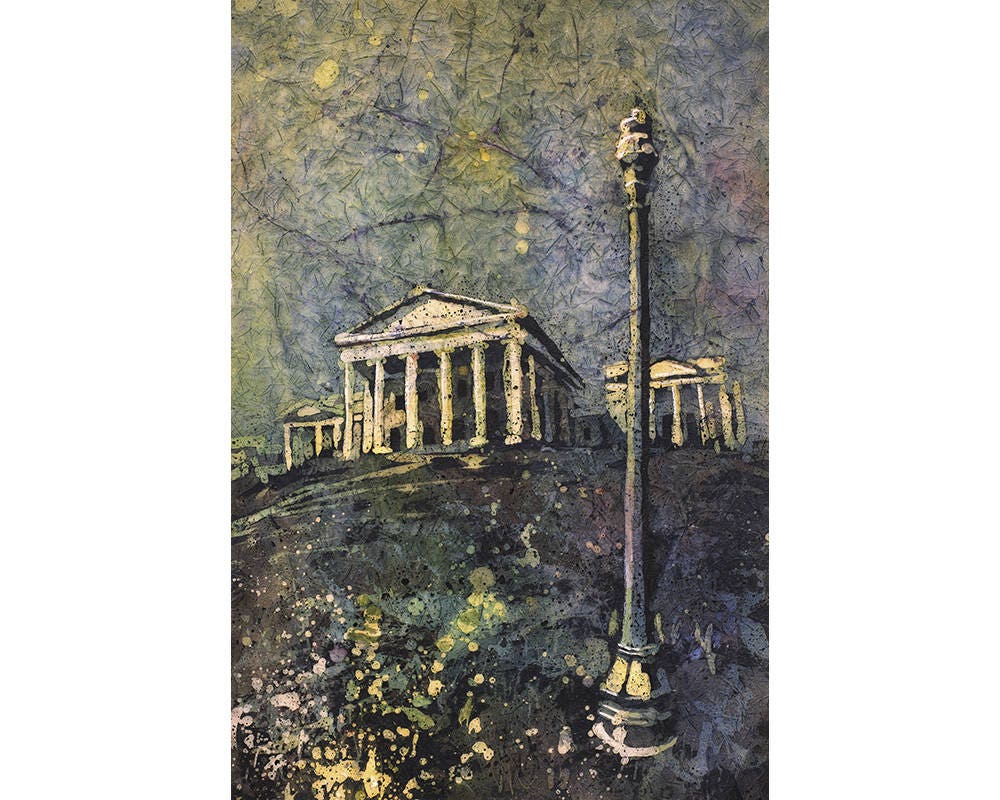 Edificio del Capitolio de Richmond, Virginia. Pintura batik acuarela del edificio del Capitolio de Richmond. Acuarela batik pintura Richmond horizonte arte (impresión)