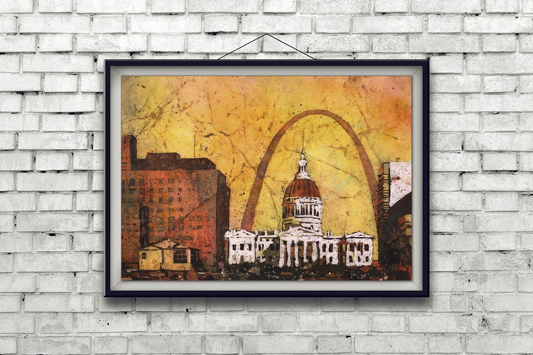 St. Louis al anochecer- Missouri (EE.UU.), pintura batik Pintura de arte del Palacio de Justicia de St. Louis, impresión de arte paisajístico de acuarela Arte del arco de St. Louis