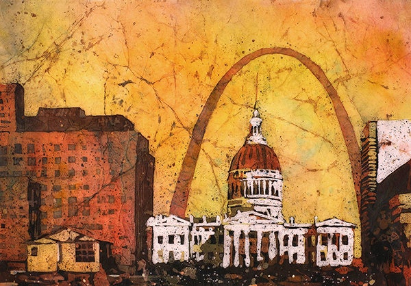 St. Louis al anochecer- Missouri (EE.UU.), pintura batik Pintura de arte del Palacio de Justicia de St. Louis, impresión de arte paisajístico de acuarela Arte del arco de St. Louis