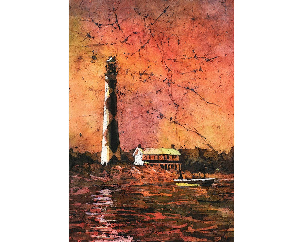 Lighthouse painting- Outer Banks, North Carolina. Batik painting Cape Lookout lighthouse art watercolor painting lighthouse batik art red (print)