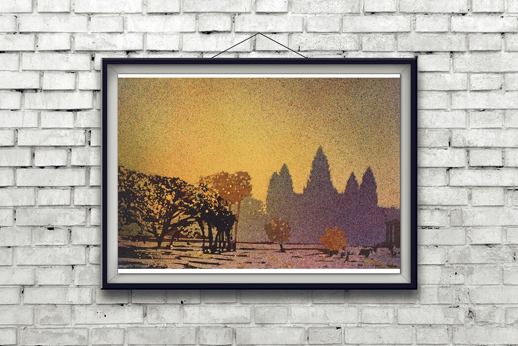 Fine art watercolor of Angkor Wat temple ruins in Cambodia, bathed in the warm hues of a dramatic sunset—ideal travel essentials wall art and gift for him or her.