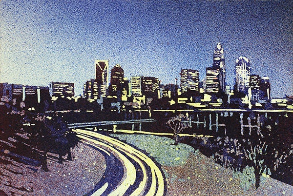 Hand-painted watercolor artwork of Charlotte’s skyline, a must-have for North Carolina art collectors.