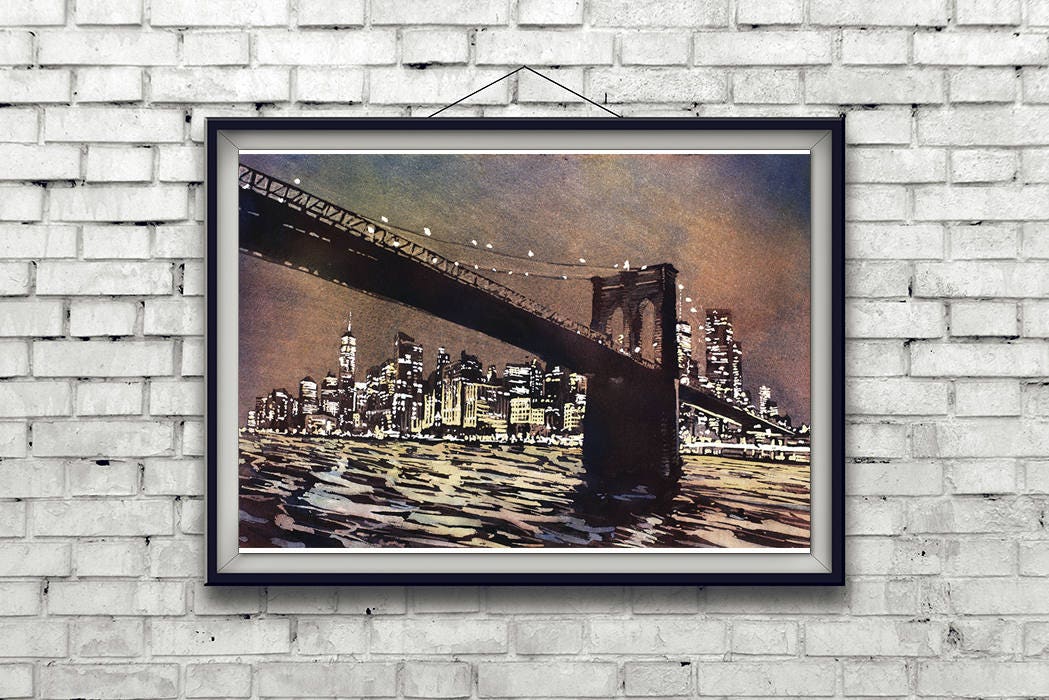 Brooklyn Bridge watercolor painting with distant city skyline at dusk—beautiful NYC art print for travel lovers and city dwellers.