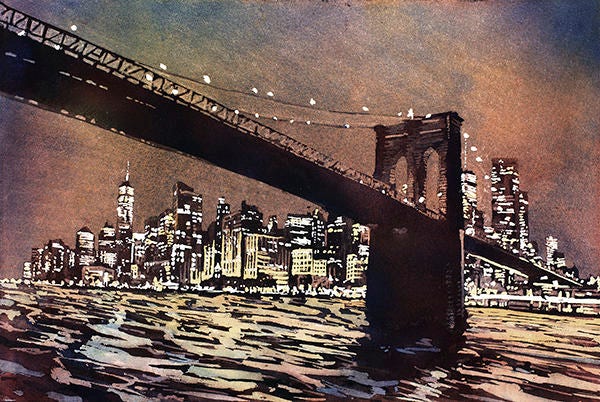 Hand-painted watercolor artwork of the Manhattan skyline and Brooklyn Bridge in New York—great addition to city-inspired interiors.