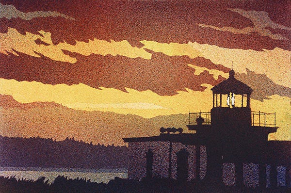 Faro (Faro de Discovery Park) Discovery Park al atardecer- Seattle, Washington. Faro arte acuarela pintura colorida puesta de sol (impresión)