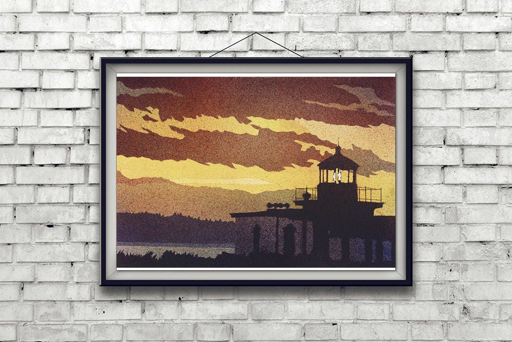 Faro (Faro de Discovery Park) Discovery Park al atardecer- Seattle, Washington. Faro arte acuarela pintura colorida puesta de sol (impresión)