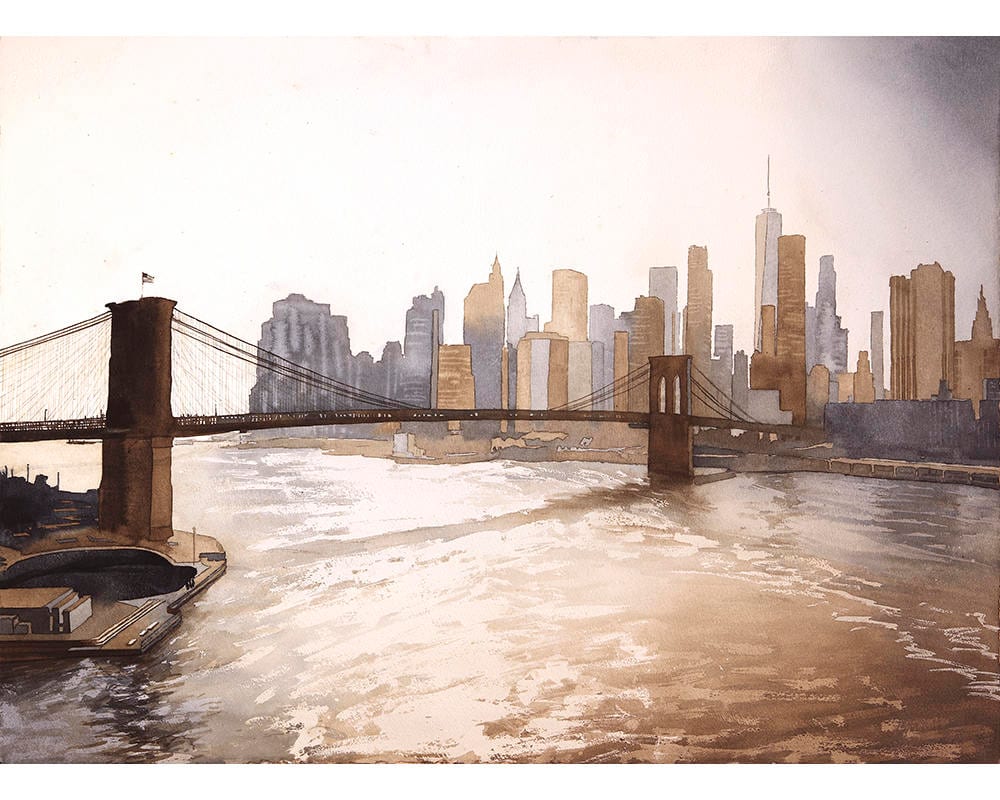 Puente de Brooklyn y rascacielos de Manhattan al atardecer en la ciudad de Nueva York, Nueva York, Estados Unidos. Pintura acuarela del horizonte de Manhattan. Arte de Nueva York (impresión)