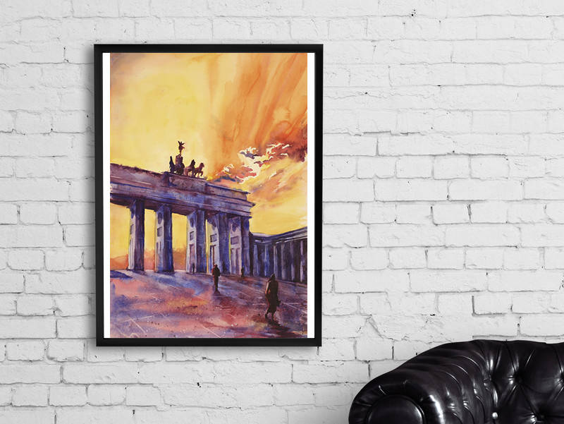 Watercolor painting of Brandenburg Gate the city of Berlin- Germany, Europe,  Brandenburg Gate art Watercolor Berlin painting sunset art