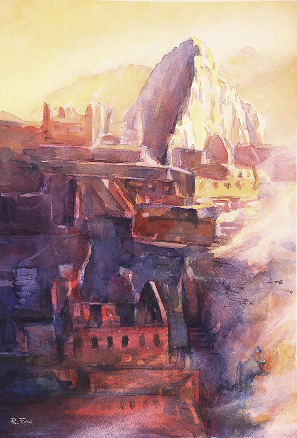 Machu Picchu Sacred Valley Peru watercolor artwork showing stone steps winding through green hills, a peaceful and inspiring piece for home or office walls.