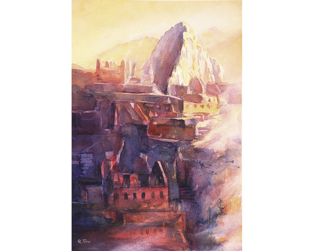 A soft watercolor landscape of Sacred Valley Peru (print), highlighting Machu Picchu’s majestic peaks and terraced ruins—ideal as university artwork or global home accent.