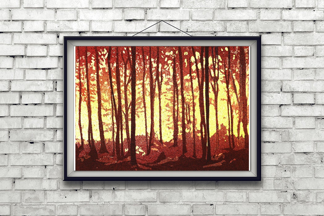 Watercolor painting of trees silhouetted in forest at sunset.  Landscape watercolor painting, fine art landscape, forest at sunset (print)