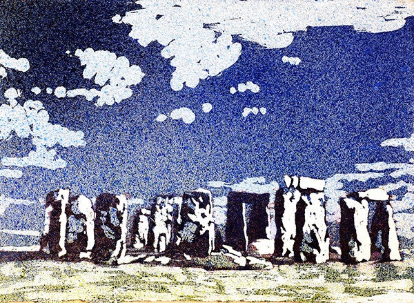 Stonehenge al atardecer en la campiña inglesa, Art Stonehenge impresión arte acuarela pintura paisaje Stonehenge ruinas coloridas obras de arte