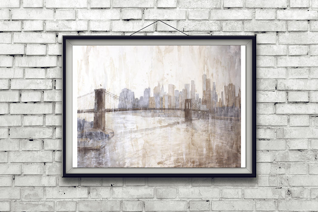 New York City skyline watercolor with golden hour glow behind the Brooklyn Bridge—capturing the essence of NYC