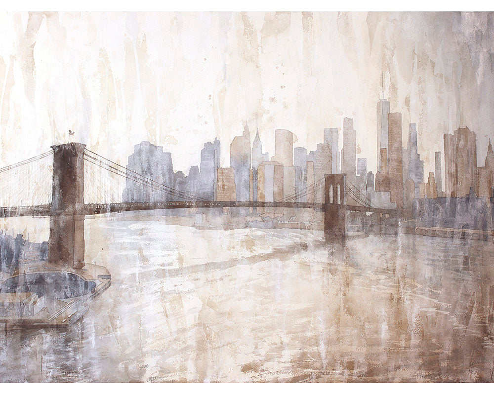 Vibrant Manhattan skyline watercolor art showing the city at sunset with the Brooklyn Bridge in view—ideal gift for him or her.