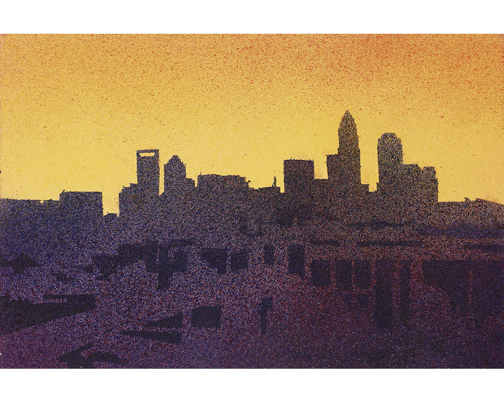 Horizonte de Charlotte, Carolina del Norte al atardecer, Carolina del Norte (EE.UU.). Charlotte horizonte acuarela pintura arte de la pared Charlotte NC acuarela paisaje arte (impresión)