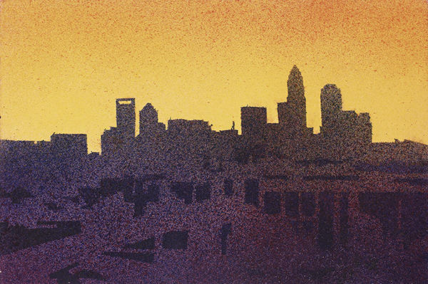 Horizonte de Charlotte, Carolina del Norte al atardecer, Carolina del Norte (EE.UU.). Charlotte horizonte acuarela pintura arte de la pared Charlotte NC acuarela paisaje arte (impresión)