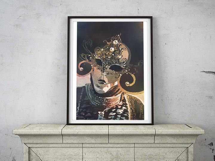 Watercolor artwork of Venetian masked performer, perfect for bold, travel-themed decor.