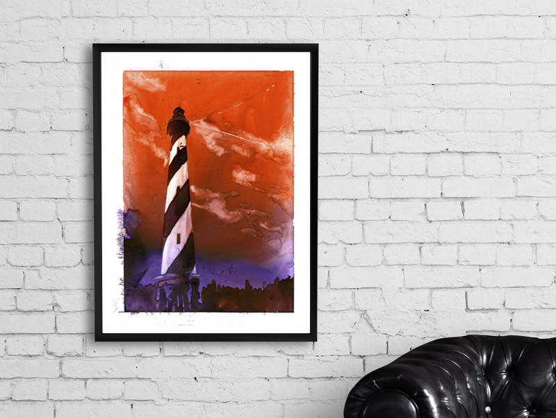 Faro de Cabo Hatteras - Outer Banks, Carolina del Norte. Cuadro de faro OBX. Pintura de acuarela de bellas artes del faro de Cabo Hatteras (impresión)