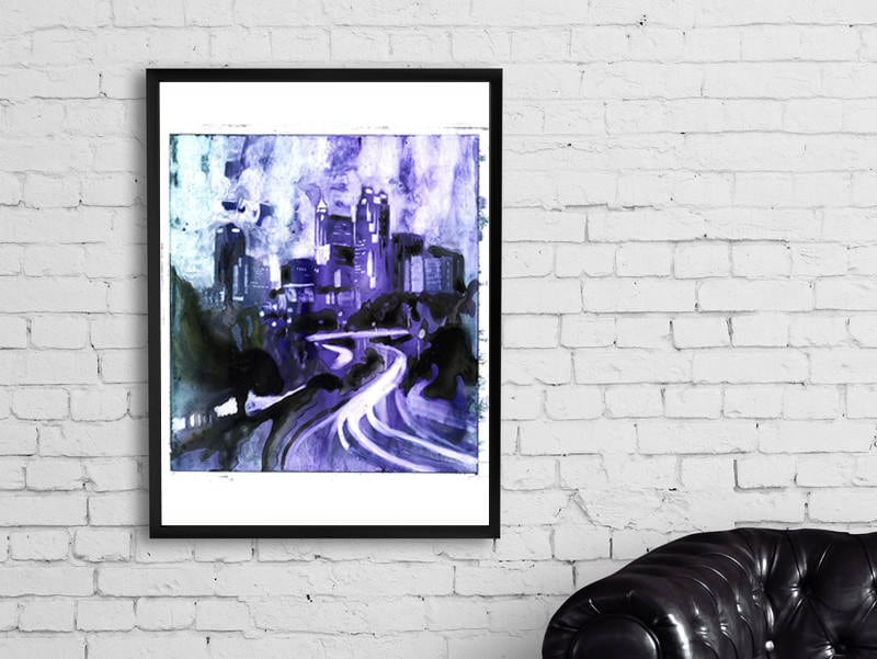 Downtown Raleigh, NC skyline.  Fine art painting Raleigh, NC art.  Raleigh print watercolor art Raleigh wall art house decor giclee (print)