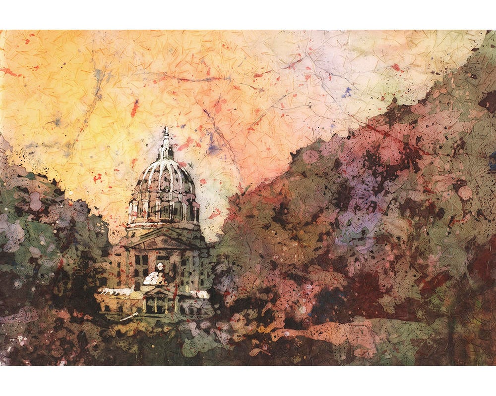 Capital del estado en Harrisburg, PA acuarela paisaje Harrisburg Capital pintura impresión arte Batik pintura Harrisburg horizonte arte giclee