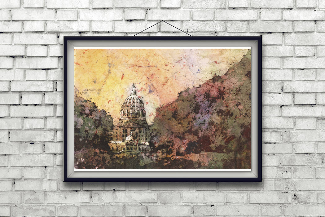 Capital del estado en Harrisburg, PA acuarela paisaje Harrisburg Capital pintura impresión arte Batik pintura Harrisburg horizonte arte giclee