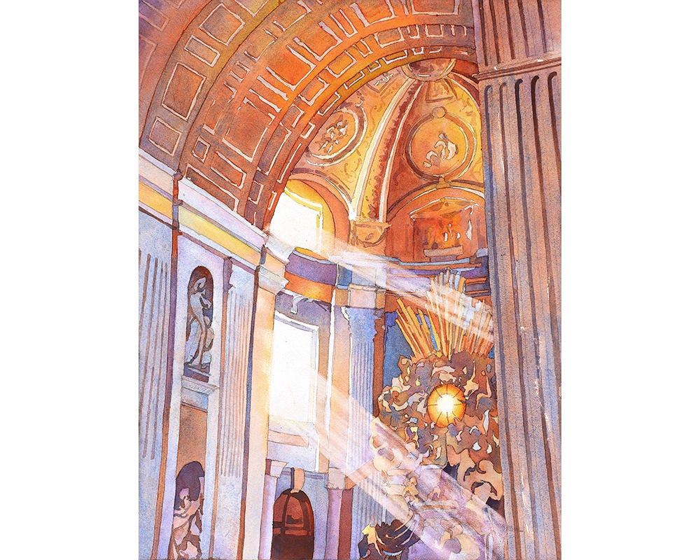 Basílica de San Pedro-Vaticano, Roma (Italia) Basílica de San Pedro arte Acuarela pintura San Pedro Ciudad del Vaticano Italia pintura Roma arte impresión